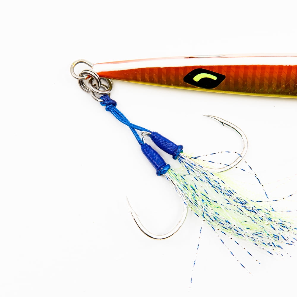 Jigs R Us Mobster Slow Pitch Jig Orange Glow 250g Rigged with Top and Bottom Dual Assist Hooks.