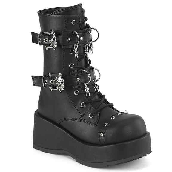 Demonia CUBBY-54 Women's 2 3/4" Lace-Up Front Platform Ankle Boot with Double Skull Buckles & Hanging Tooth Charm on Straps