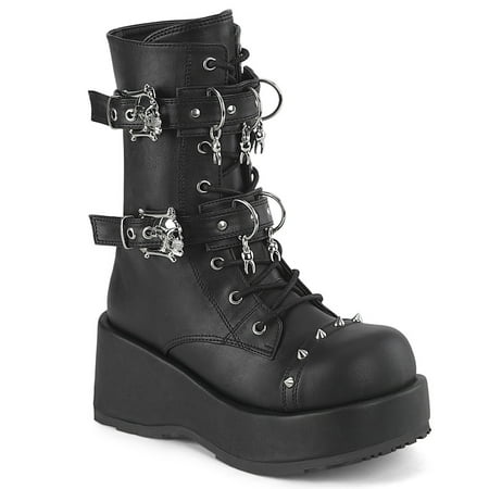 

Demonia CUBBY-54 Women s 2 3/4 Lace-Up Front Platform Ankle Boot with Double Skull Buckles & Hanging Tooth Charm on Straps