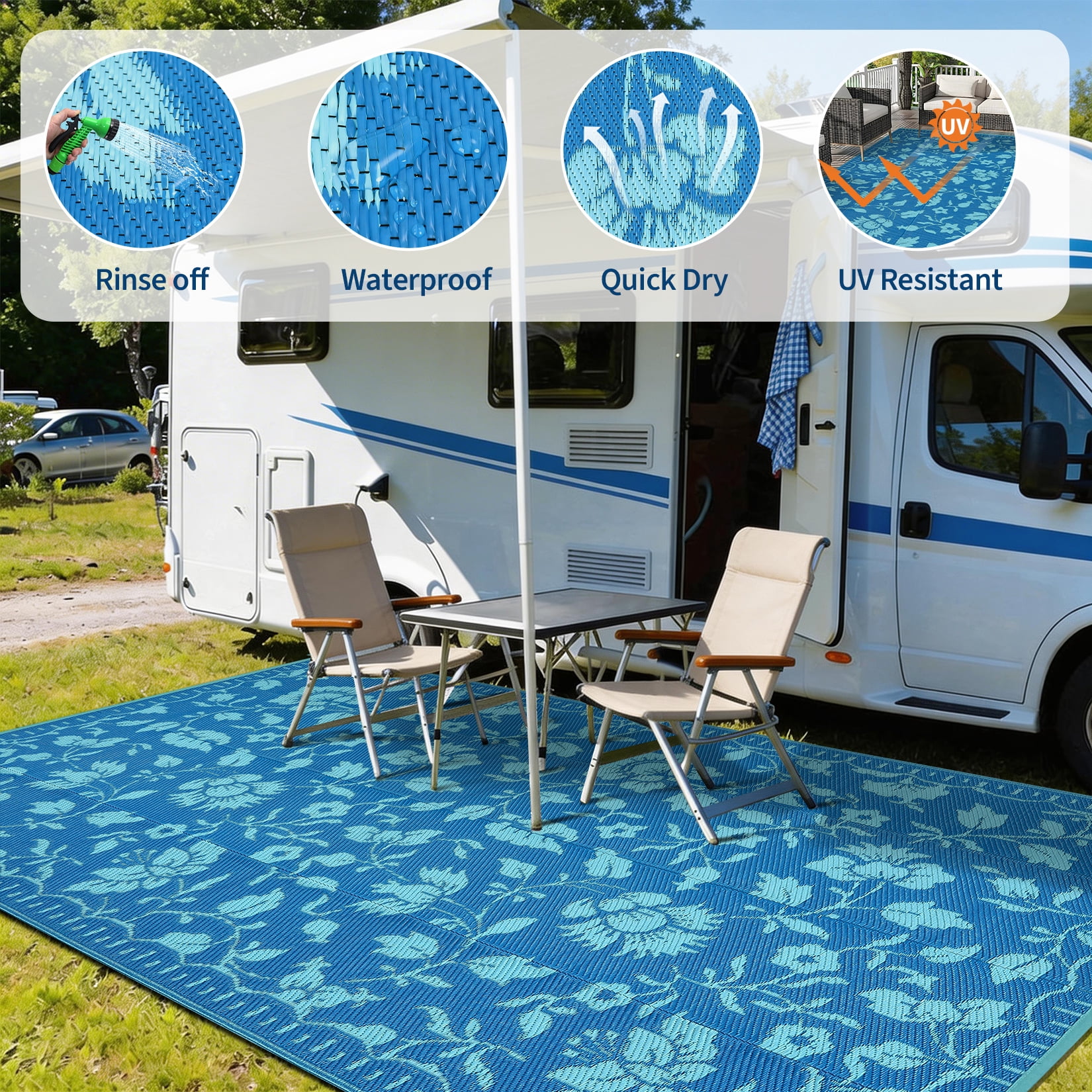 Garvee 5'x8' Outdoor Rug Waterproof Floral Camping Carpet, Reversible Plastic Straw Rug Outdoor Rug for Patio RV Balcony Backyard, Navy Blue
