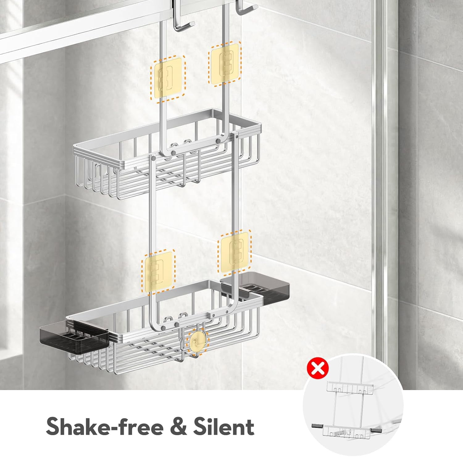 Over the Door Shower Caddy Hanging With Double Soap Holder Never Rust Hanging Shower Caddy With 4 Hooks Hanging Bathroom Organizer No Drilling Shelves for Bathroom Storage Silver