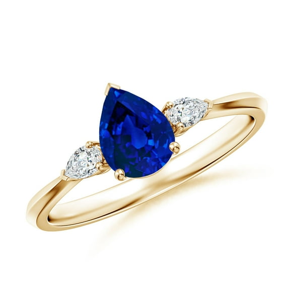 ANGARA Lab Grown Pear shape Blue Sapphire 3 Stone Engagement Ring for Women in 14K Yellow Gold (Size-7x5mm) | September Birthstone, Anniversary, Jewelry Gift for Women | Lab-Grown Blue Sapphire Ring