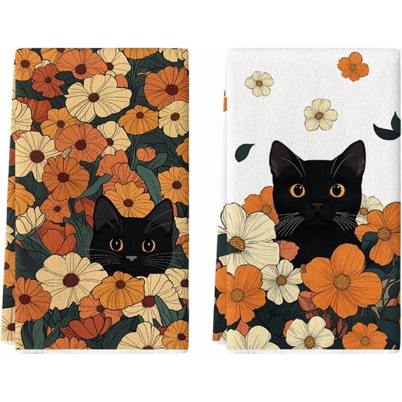 Flowering Shrubs Black Cat Floral Spring Kitchen Towels Dish Towels, 18x26 Inch Farmhouse Summer Plants Decoration Hand Towels Set of 2