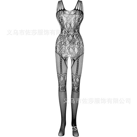 Generic Sexy Lingerie Sexy Suspenders Black Real Person Hollowed-out and Crotchless Mesh Bodysuit Stockings Jacquard Mesh Stockings W062
