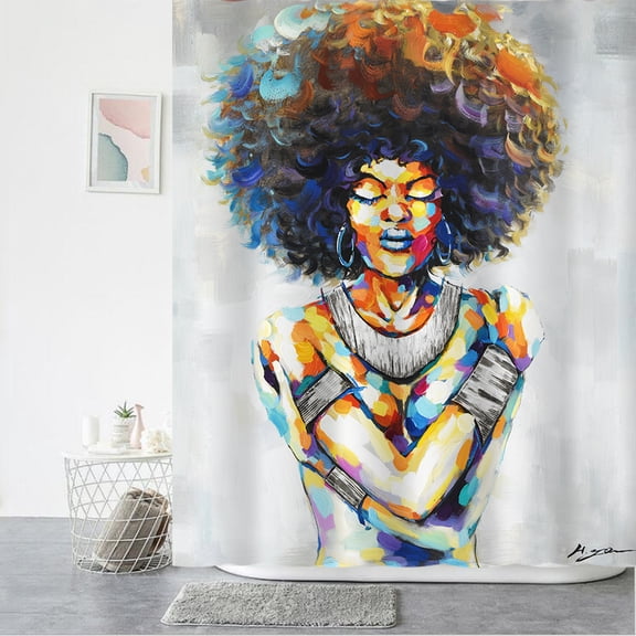 African American Women Portrait Painting Shower Curtain With Hooks Set-Kiki