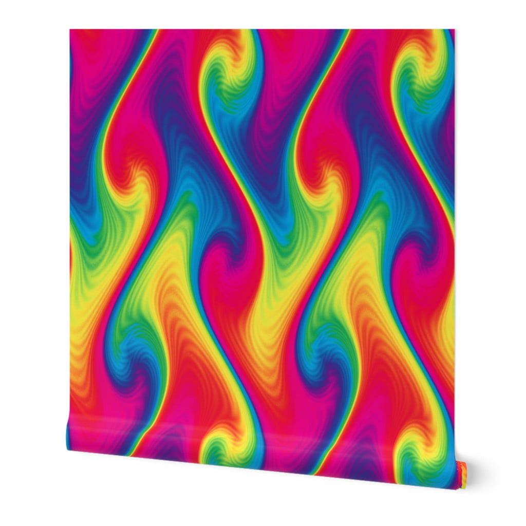 Removable Water-Activated Wallpaper Bright Rainbow Colorful Swirl Psychedelic 
