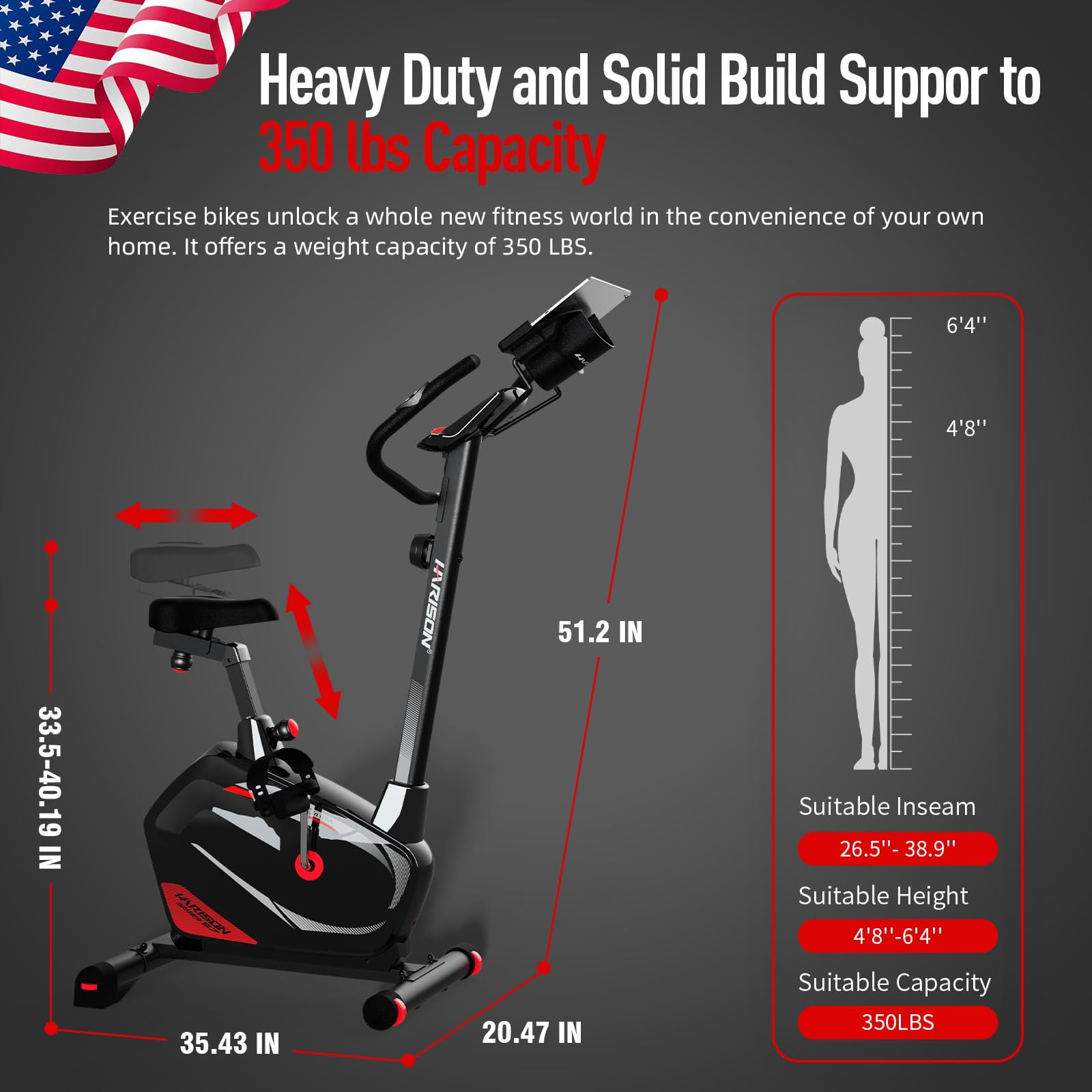 HARISON Exercise Bikes for Home with LCD Monitor, Upright Exercise Bikes 350lbs Capacity