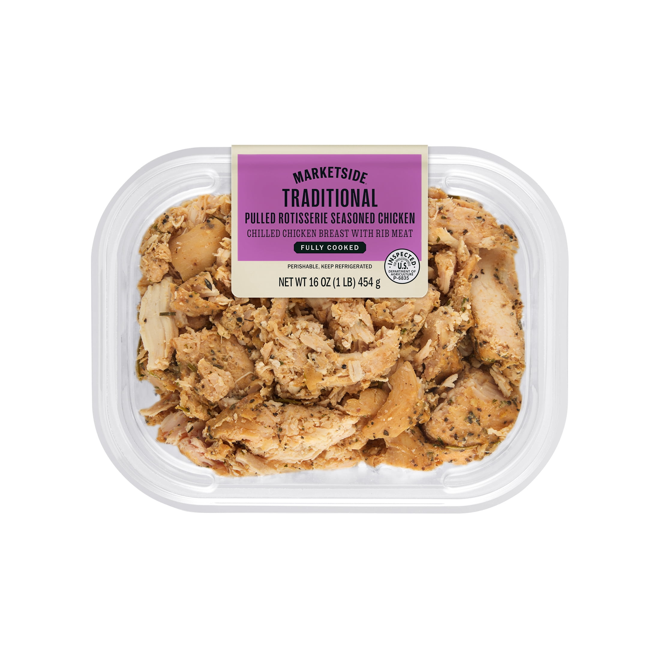 Marketside Traditional Pulled Rotisserie Seasoned Chicken, 16 oz, 18g of Protein, No Artificial Ingredients, Gluten Free (Refrigerated)
