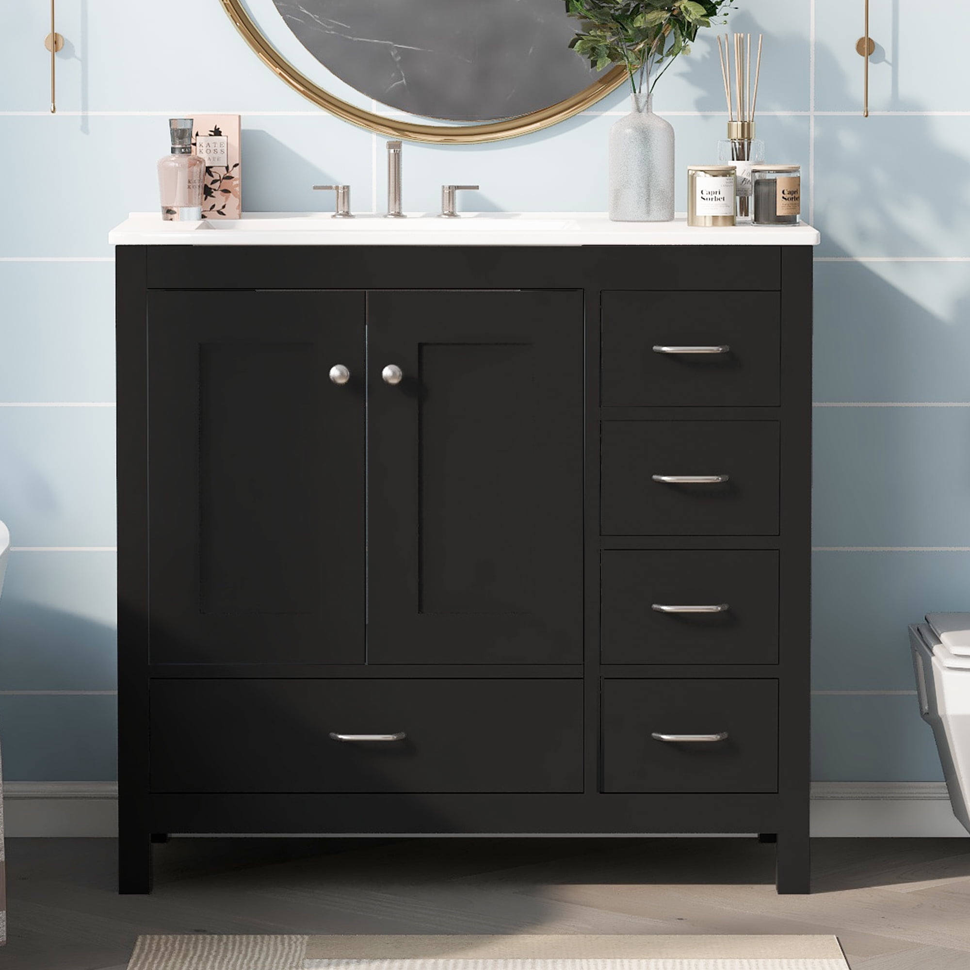 Euroco 36" Black Bathroom Vanity with Ceramic Sink Combo, Abundant Storage Cabinet -2 Soft close doors and 5 drawers