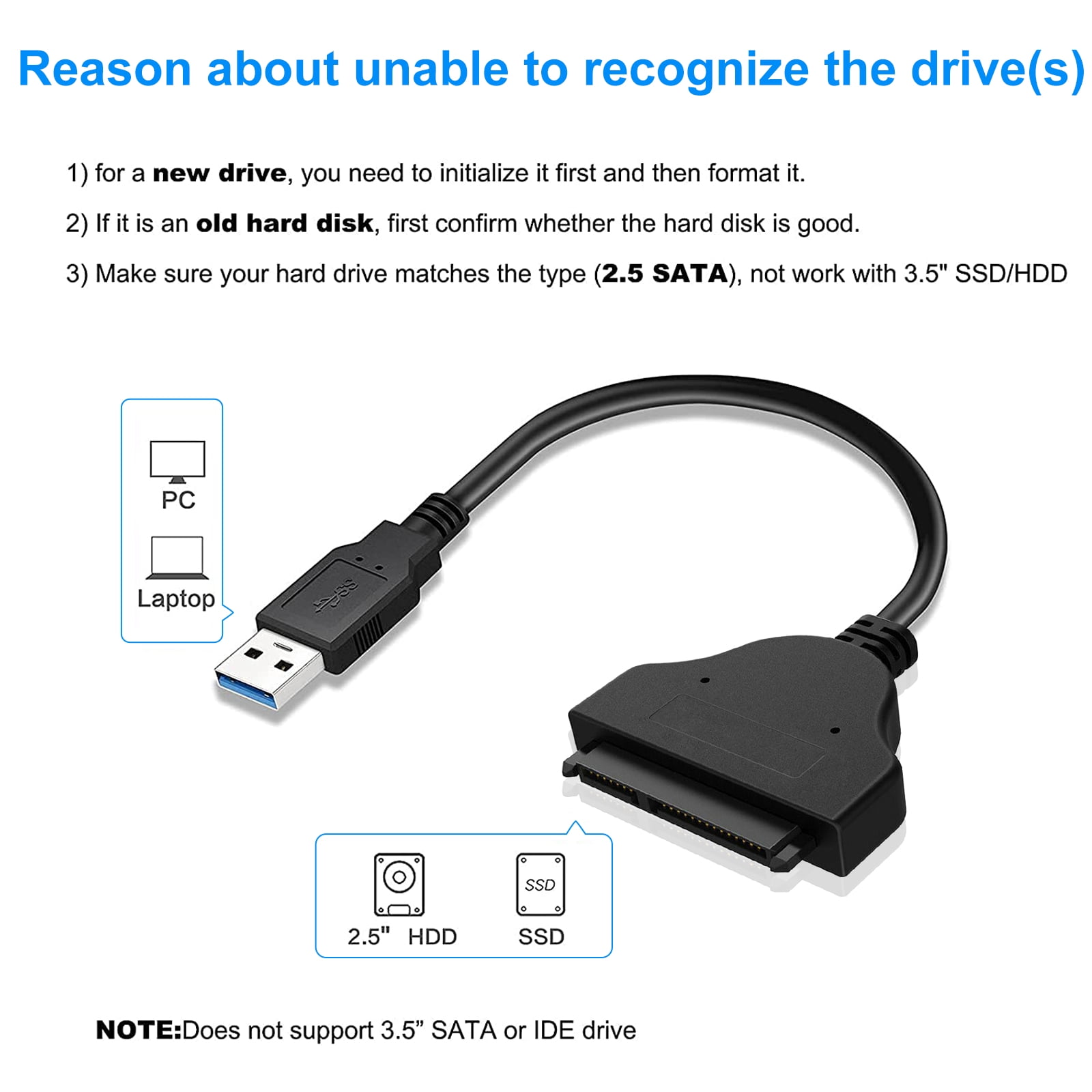 TSV SATA to USB Cable, TSV USB 3.0 to 2.5'' SATA III Hard Drive Adapter  External Converter Compatible for SSD/HDD Data Transfer 