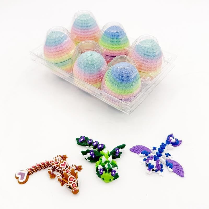 6 Pack Small Mystery Dragon Eggs, 3D Printed Dragon Eggs with Fully Articulated and Colored Dragon Inside, Unique Mystery Dragons for Easter Fun, Easter Basket Stuffers