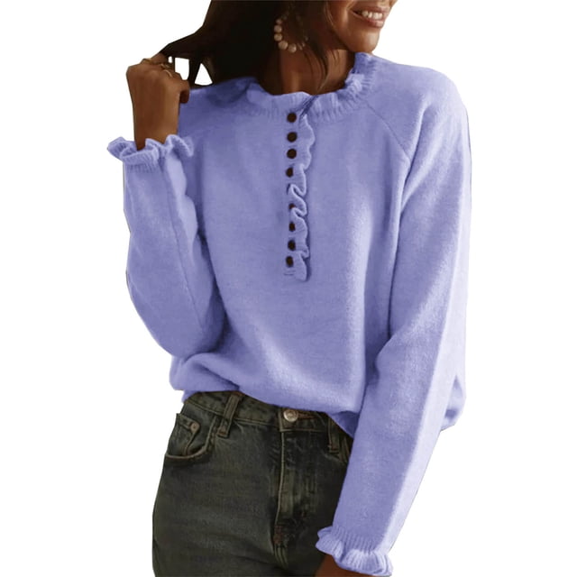 Abrigo largo grueso cálido de invierno Suéter de manga larga con cuello Rojoondo para mujer, suéter informal con botones de color sólido, suéter de punto con volantes (Morado, XL)