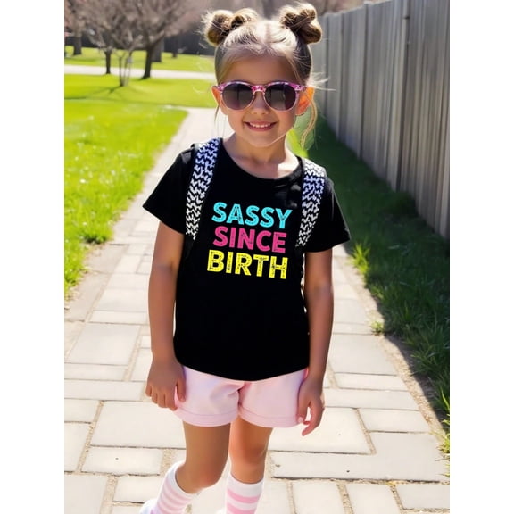 Sassy Since Birth Letter Print Summer Graphic T-shirts for Outdoor Sports and Daily Wearing, Young Girls T-Shirts, Size from 3-13Y