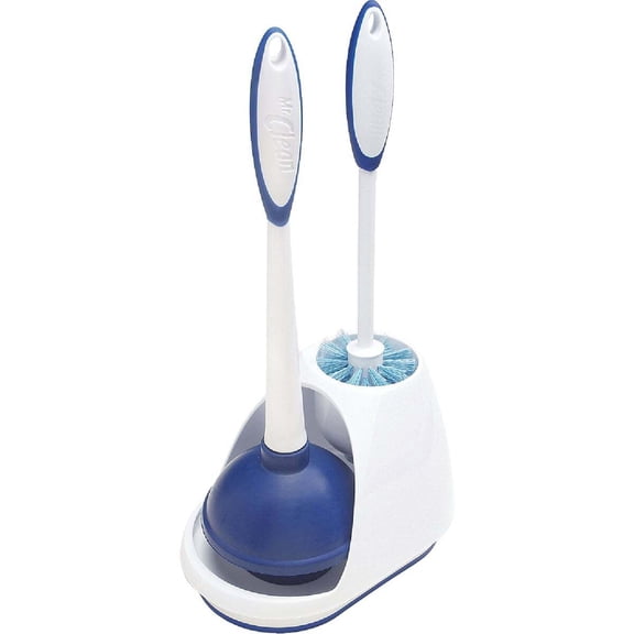 Mr. Clean Turbo Toilet Plunger and Bowl Brush Combo Set with Caddy, White/Blue, 18.25 in Tall, 7.5 in Wide