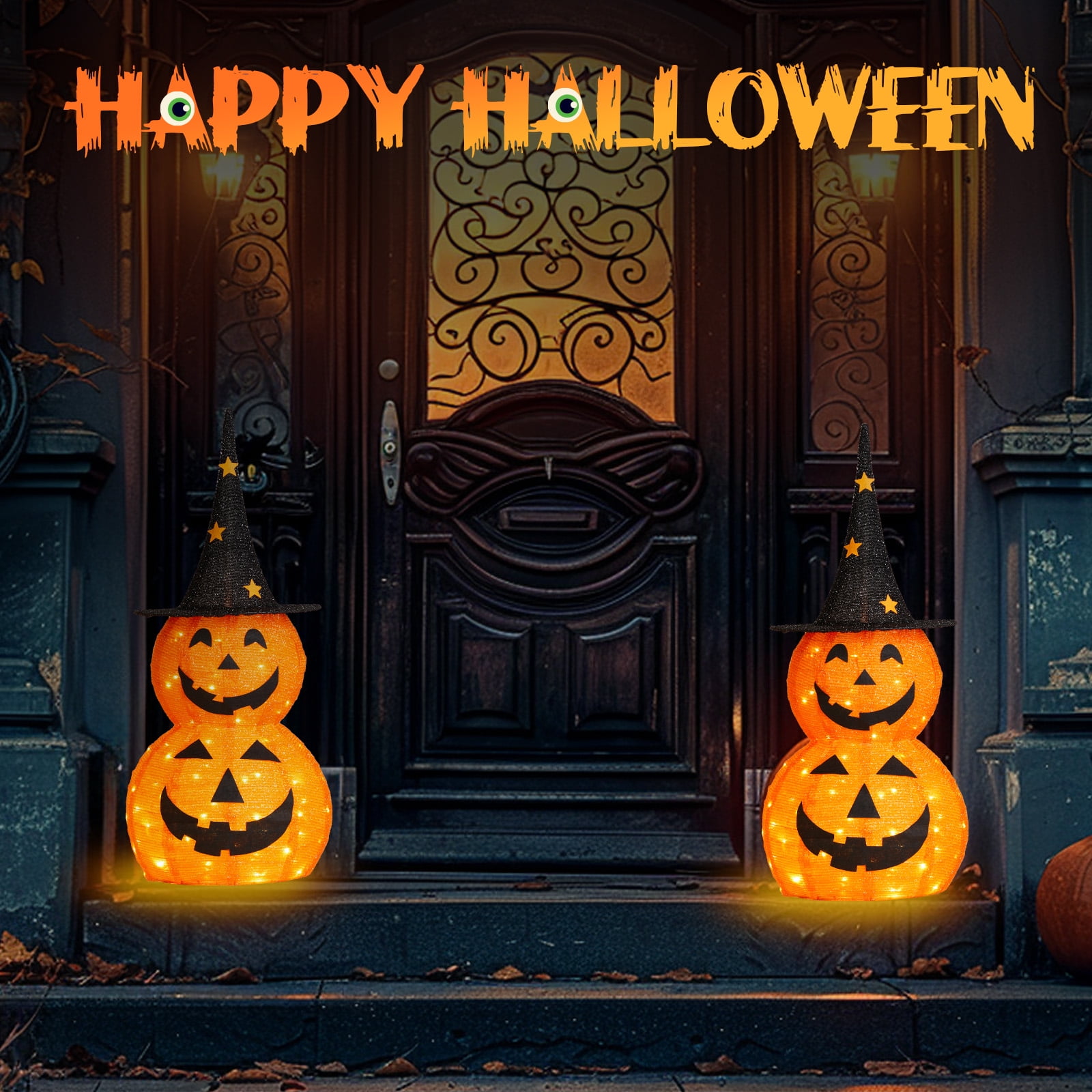 2Pcs 3ft Halloween Collapsible Pumpkin Decorations 150 LED Lights
