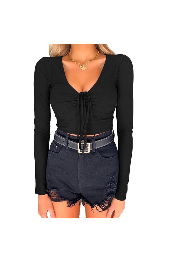 Womens V Neck T-Shirt,Tie Front Straps Tees,Summer Long Sleeve Blouses Women's Midriff-Baring Tops Shirts S-XL