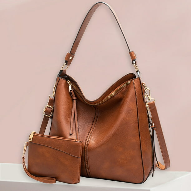 Conjunto de bolso de dos piezas para mujer - Bolso de hombro y bolso de hombro de cuero encerado al aceite de gran capacidad | Negro, Marrón, Café | 13,78 x 11,81 x 5,12 pulgadas | Diseño duradero y