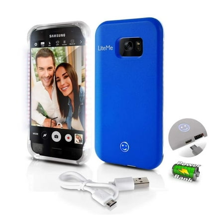 Updated 2018 Galaxy S7 Selfie Light Case - LED Brightness Adjustable - Protective Smartphone Cover - USB Charge Port Includes Charging Cable - Mini LED Strobe Light - Doubles As a Flashlight Blue