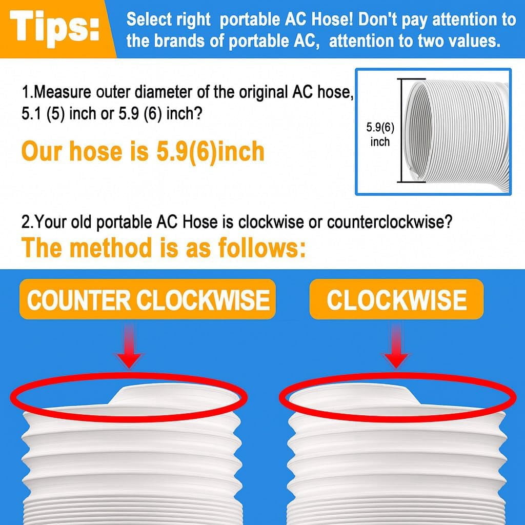 Air Conditioner Vent Hose, Portable Exhaust Duct with 5.9’’ (6‘’) Diameter, Counterclockwise Rotation, Length up to 78 Inches, Universal Replacement AC Hoses