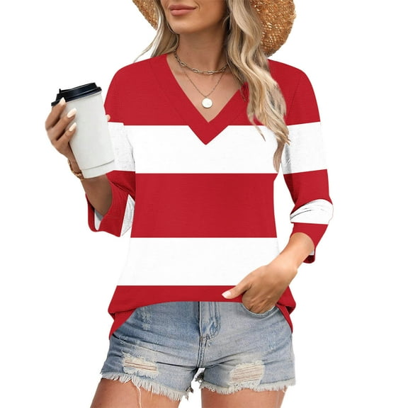 3/4 Sleeve Shirts for Women Striped Prints Casual V Neck Tee T-shirts Fall Spring Going Out Tops Loose Fit (XL, Red)