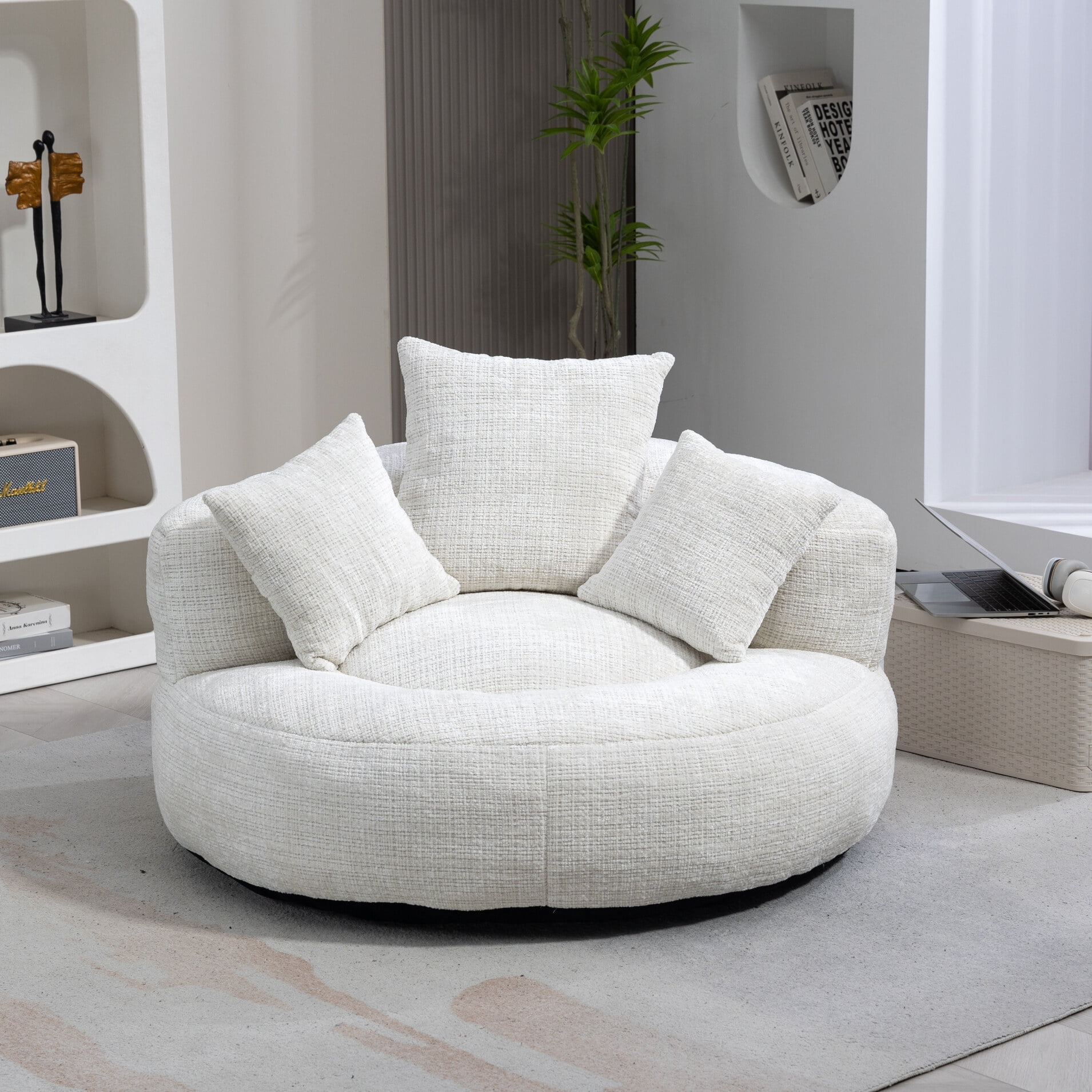 Giant Bean Bag Chair for Adults, Oversized Chenille Sofa Bed with 3 Pillows & Wrap-Around Backrest, Gaming Lounge for Living Room, Beige