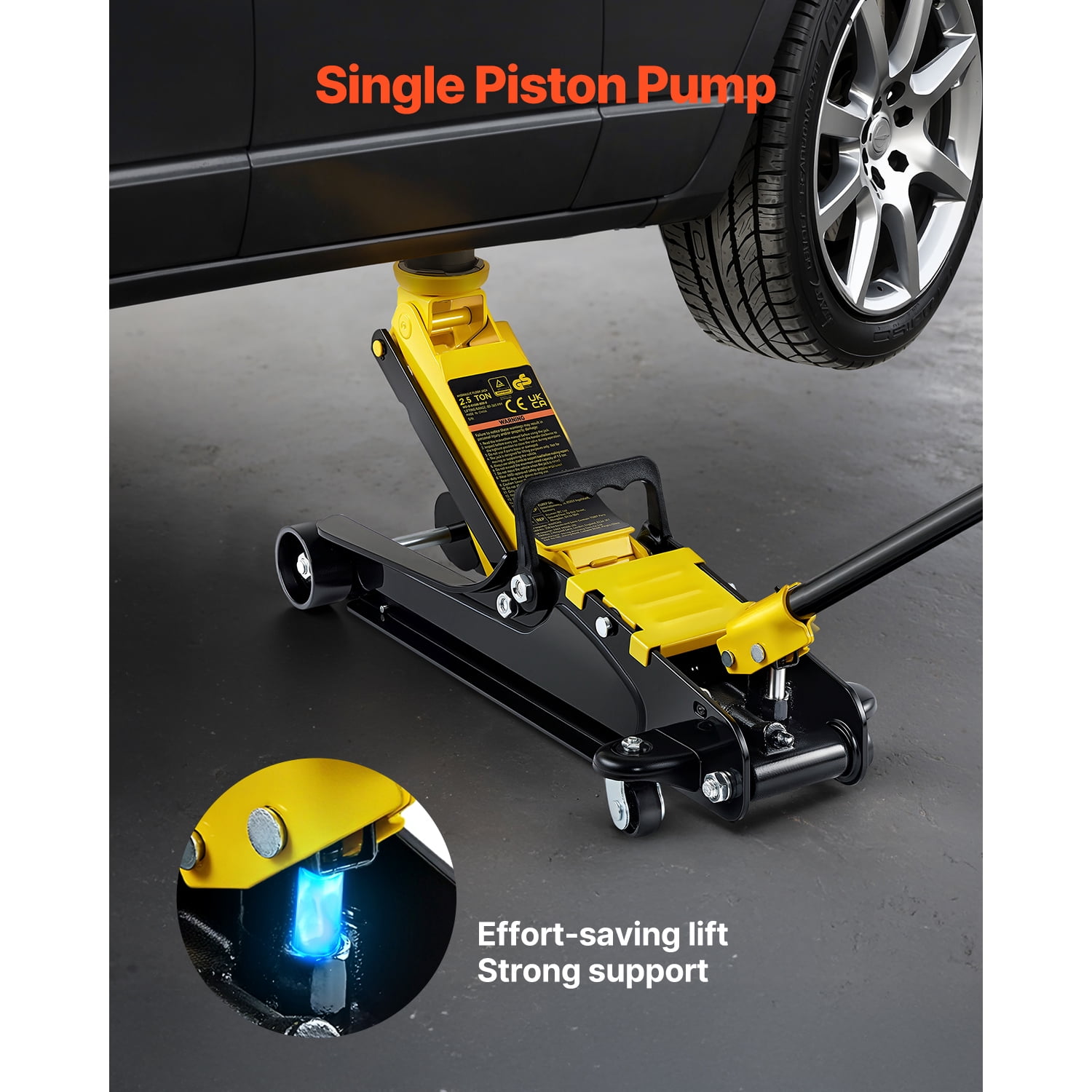 KFFKFF 2.5 Ton Low Profile Steel Floor Jack, Durable Racing Jack with Single Piston Lift Pump, Lifting Range 3.35"-14.96",Black+Yellew
