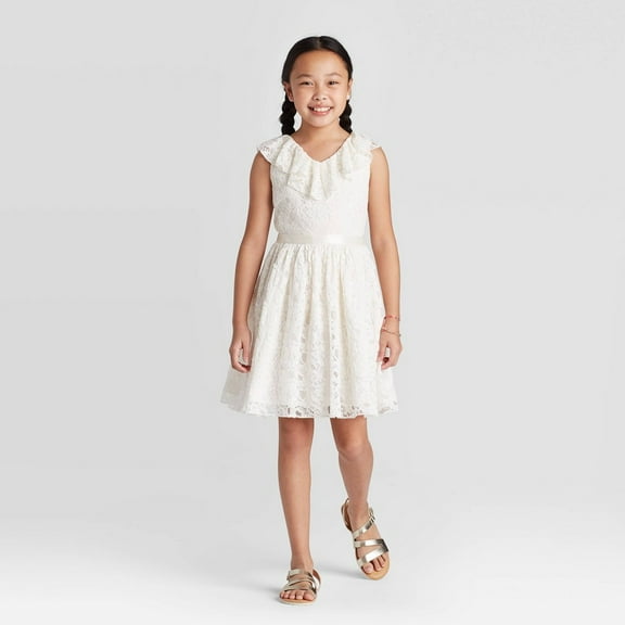 Zenzi Girls' V- Neck Ruffle Trim Floral Lace Dress - Almond Cream - (Small 6/6X)