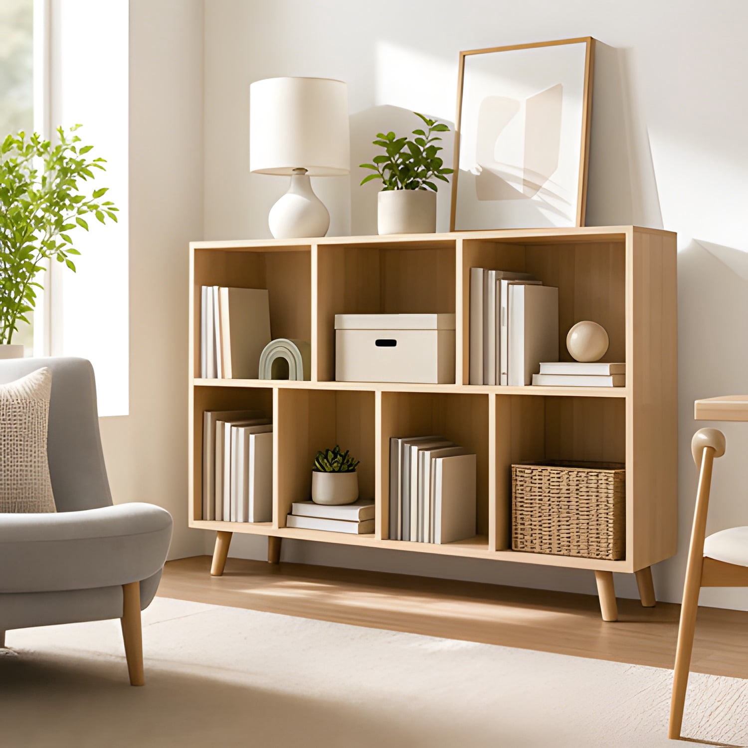 2-Tier 7 Cube Wooden Bookshelf Storage Organizer with Raised Legs, Open Bookcase with 3 Large & 4 Medium Cubes, Water Resistant Wood Shelf for Living Room Study Home Office