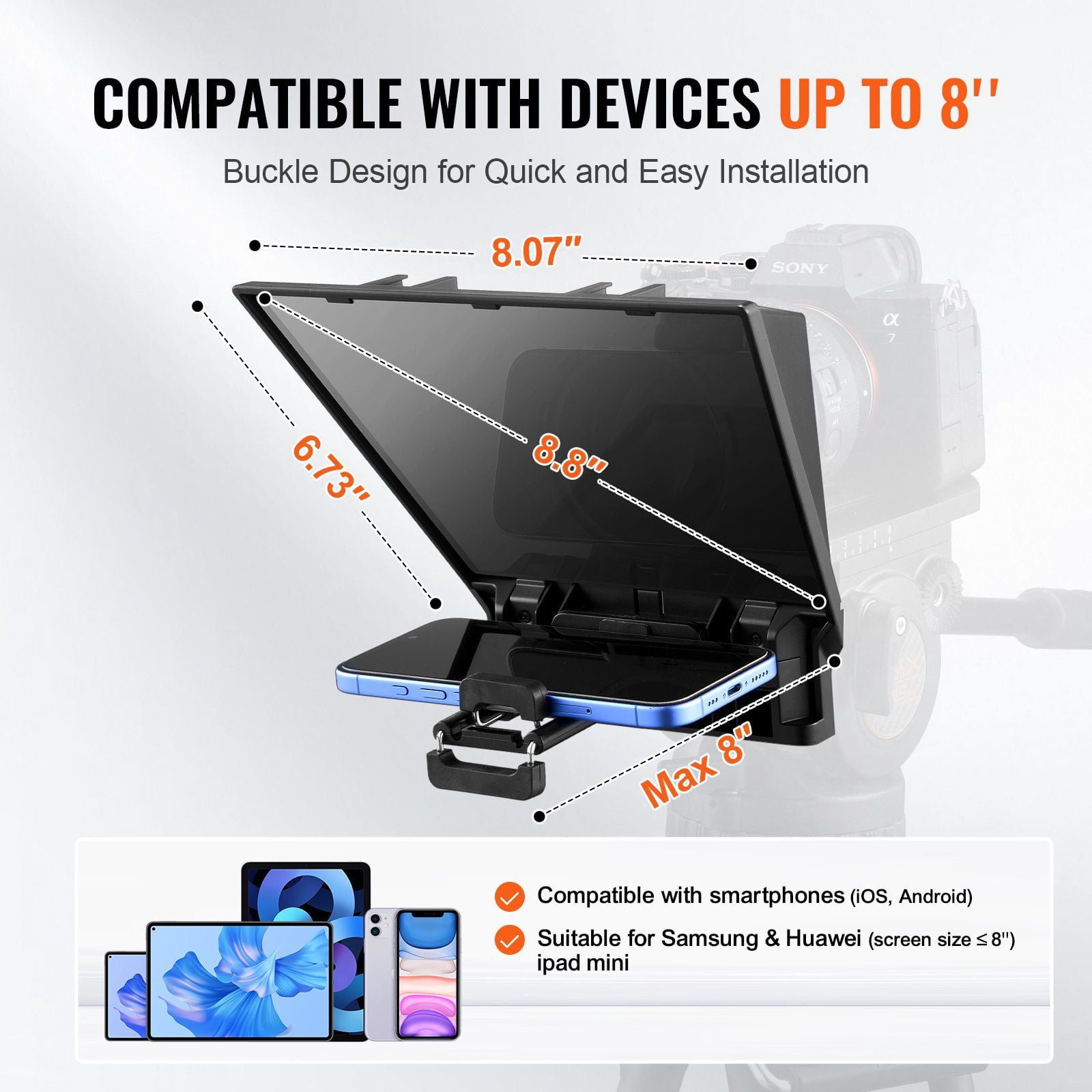 8'' Portable Teleprompter with Remote for iPhone Android, Webcam & Live Streaming - Foldable, Adjustable