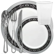 Elegant Disposable Plastic Dinnerware Wedding Party Package Set - Choose Style (120 pc each - 720 pcs,Royal Silver Black)