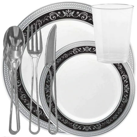 Elegant Disposable Plastic Dinnerware Wedding Party Package Set - Choose Style (120 pc each - 720 pcs,Royal Silver Black)