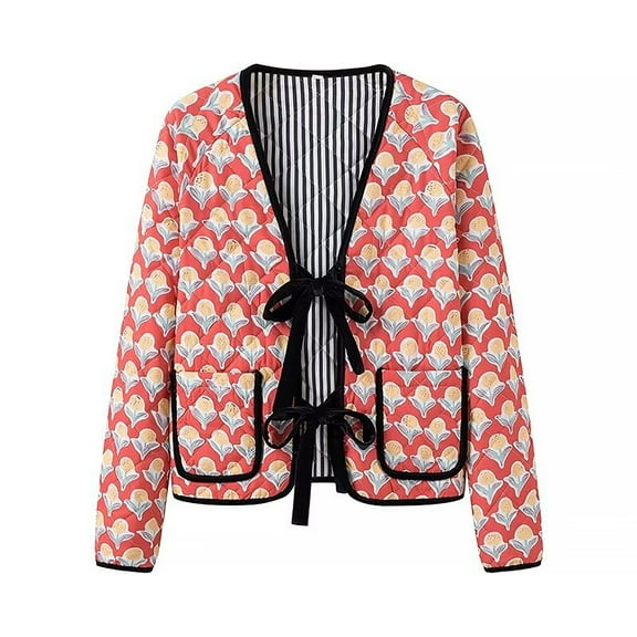 ZQUUVOU Women's Lightweight Quilted Jacket Casual Printed Tie Front Jacket Cardigan Thin Bow Loose Tops Long Sleeved Jacket Red
