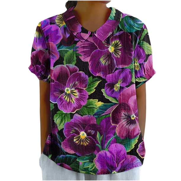Blusas de Manga Corta para las Mujeres Cuello de Muñeca Lindo Lino Algodón, Impreso Suelto Camiseta para el Uso Casual, Diario Y de Verano