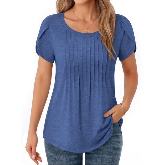 MOYIKO Women Tshirts Short Sleeve Summer Top Petal Sleeve Pleated Tunic Tee Bright Blue Round Neck Basic T Shirts Clothes Size L