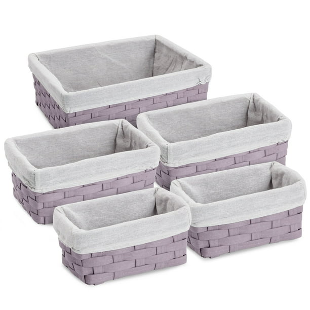 5 Piece Set Woven Nesting Storage Baskets, Decorative Wicker Bins for Organizing, Lavender, 3