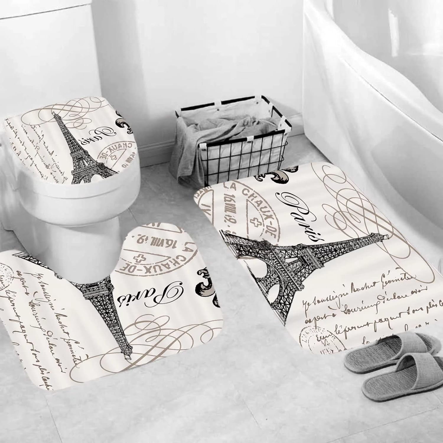 Pcs Paris Eiffel Tower Shower Curtain Sets Bathroom Set Decor with Non-Slip Rugs Bath U-Shaped Mat Toilet Lid Cover Waterproof Vintage Word Art Bathroom Curtains Shower Set with 12 Hooks
