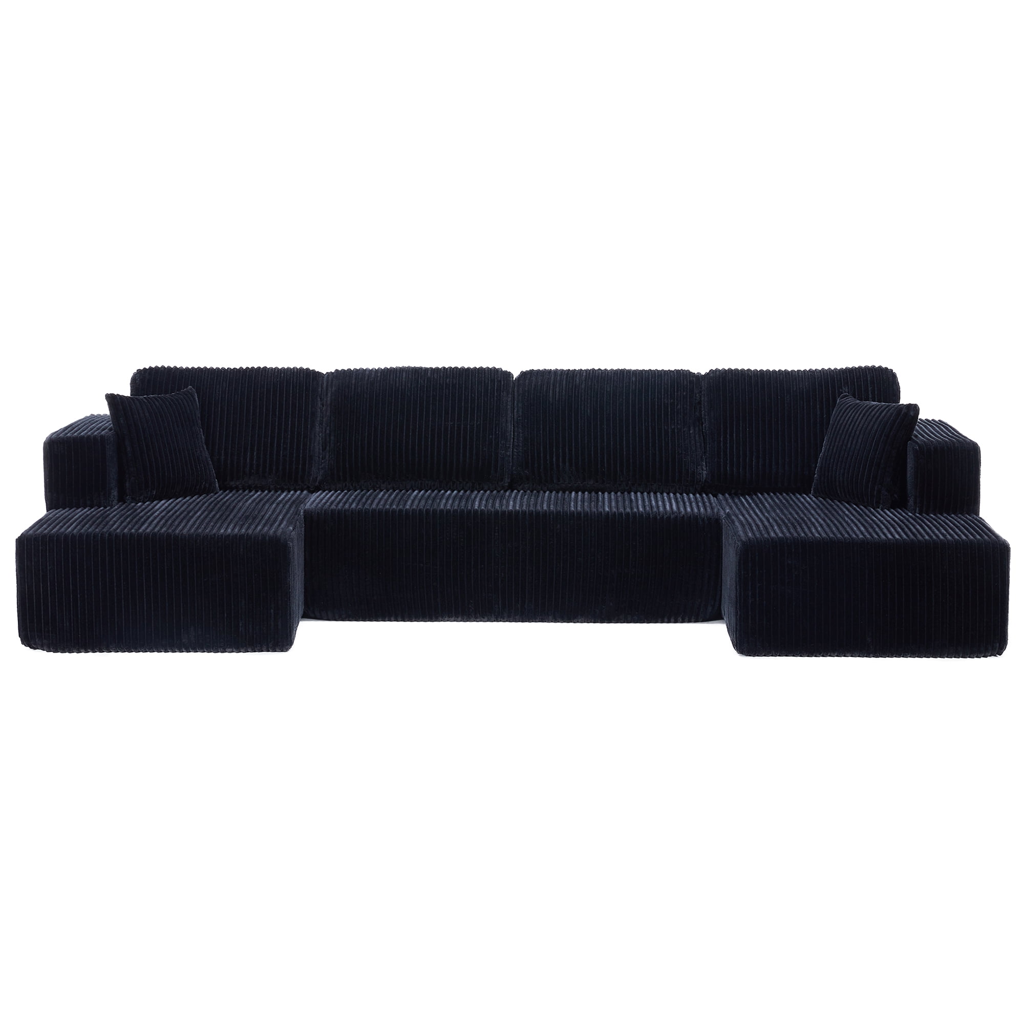 U-Shaped Modular Sectional Sofa with Chaise, Compressed Corduroy Sleeper Couch for Living Room and Bedroom, No Assembly Required, Black