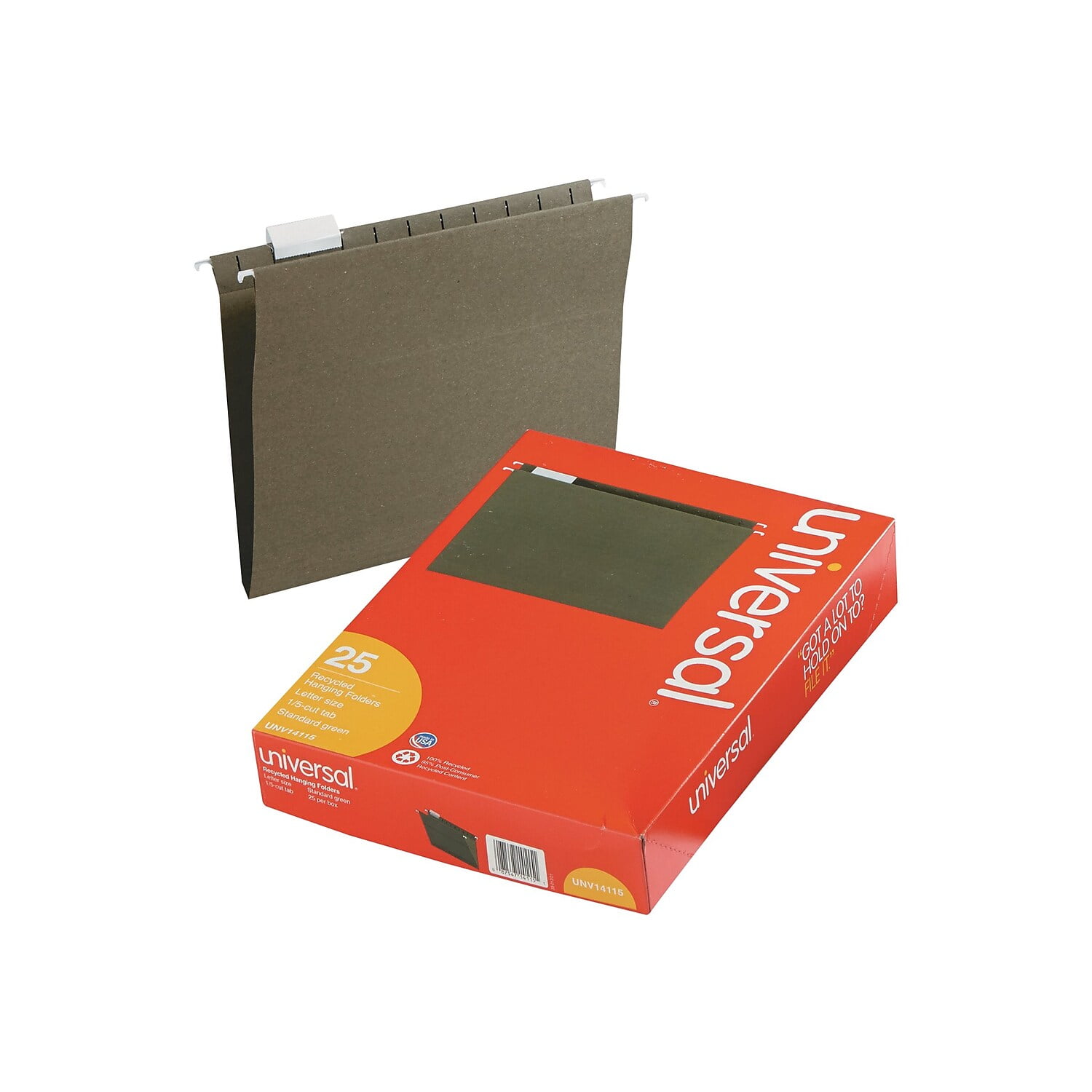 Universal Hanging File Folders, 1/5 Tab, 11 Point Stock, Letter, Standard Green, 25/Box -UNV14115
