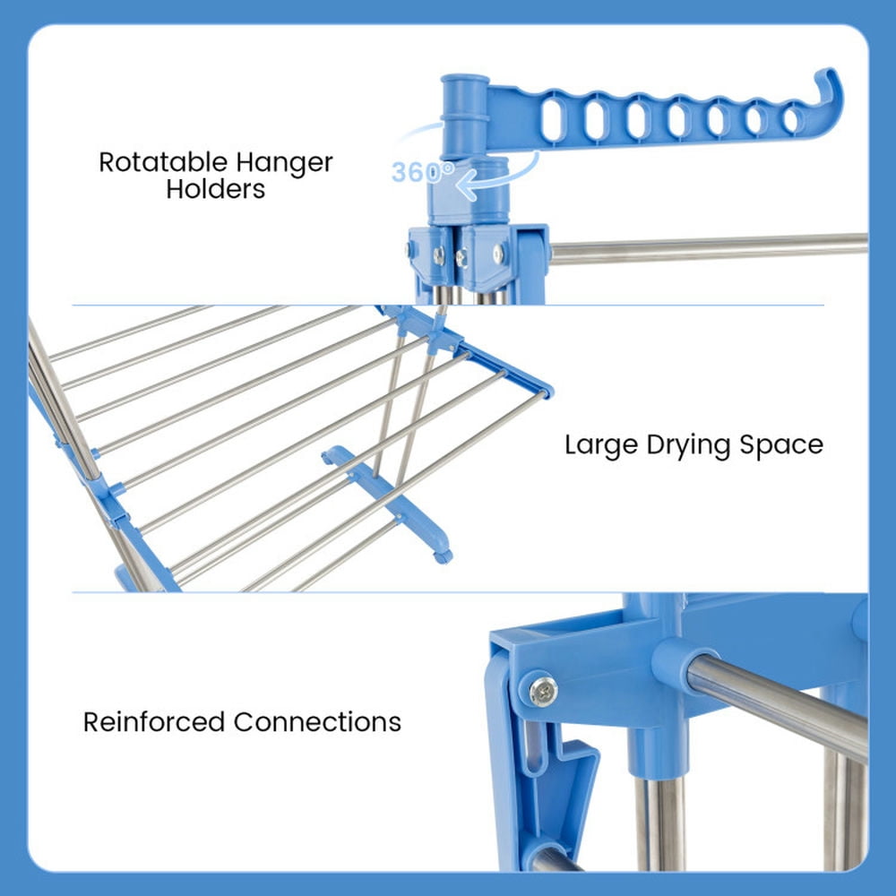 Finihen Drying Rack, Clothes Drying Rack, 4-tier Folding Clothes Drying Rack with Rotatable Side Wings, for Indoor, Outdoor, Blue Finihen Drying Rack, Clothes Drying Rack, 4-tier Folding Clothes Drying Rack with Rotatable Side Wings, for Indoor, Outdoor, Blue