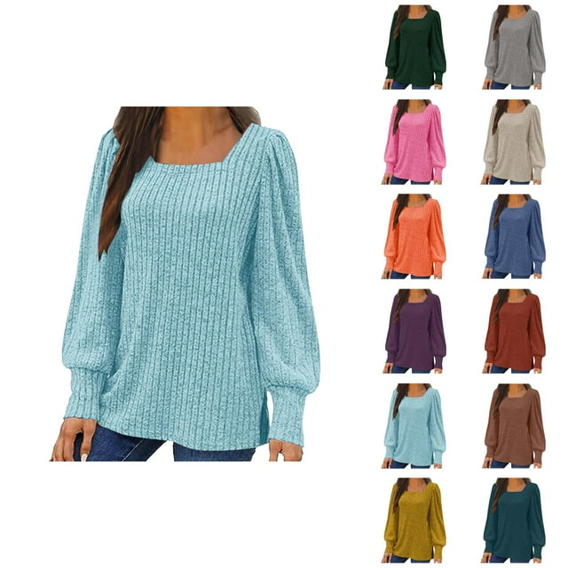 Fall Shirts for Women 2025 Solid Color Ribbed Knit Square Neck Sweater Tops Blouse Long Sleeve Shirts for Women