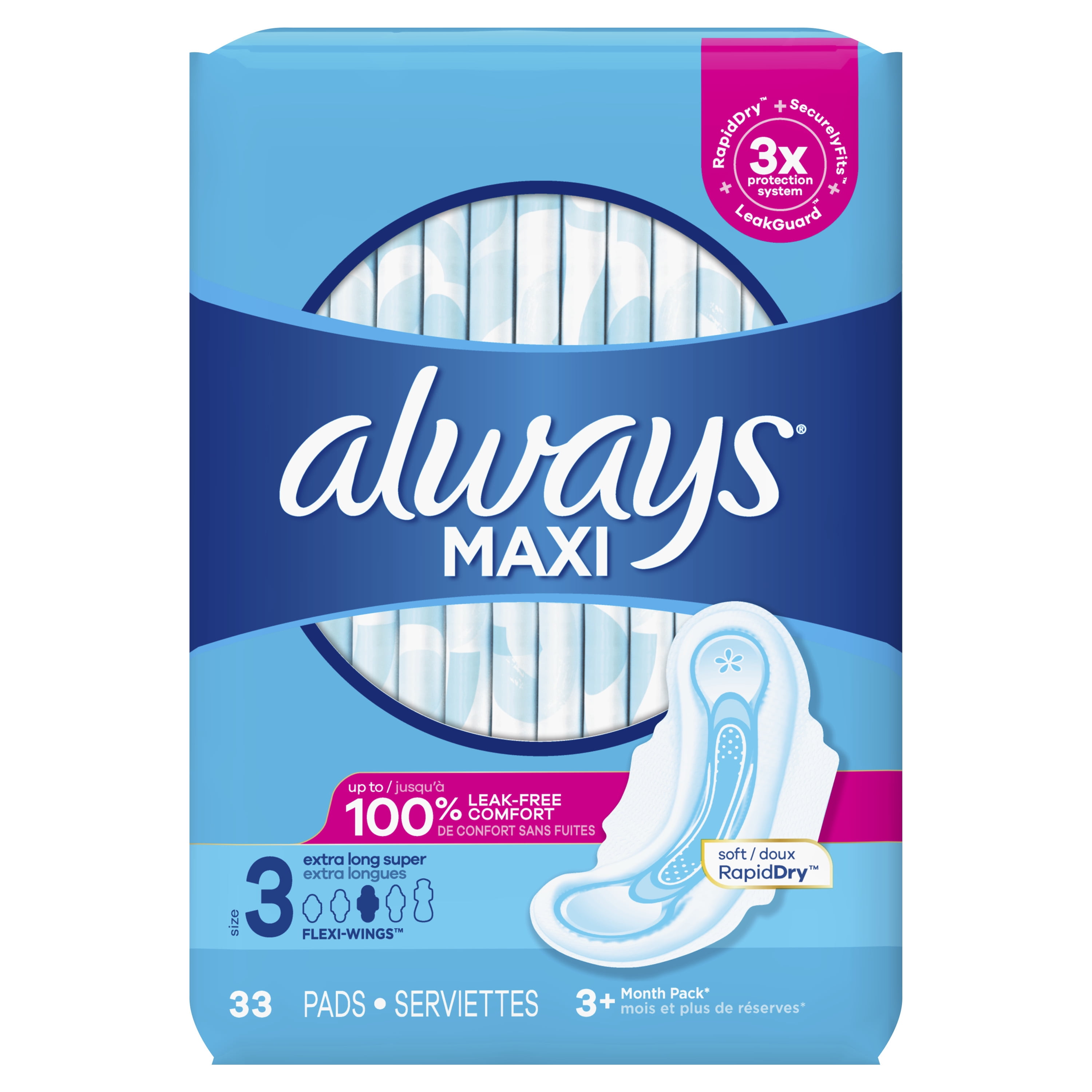 Always Maxi Pads with Wings, Size 3, Extra Long Super Absorbency, 33 CT 