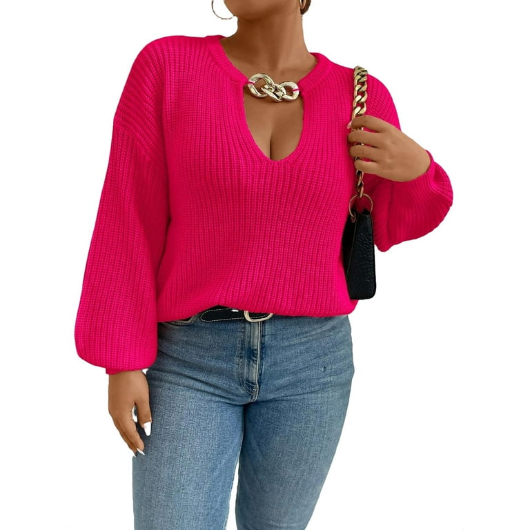 Casual Plain Keyhole Neckline Pullovers Long Sleeve Hot Pink Plus Size Sweaters Women s Plus Walmart