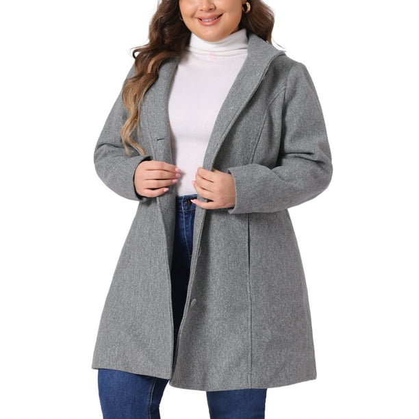 GRACE & GRANDEUR Abrigo Elegante de Manga Larga con Capucha Desmontable para Mujeres Talla Grande 1X Gris