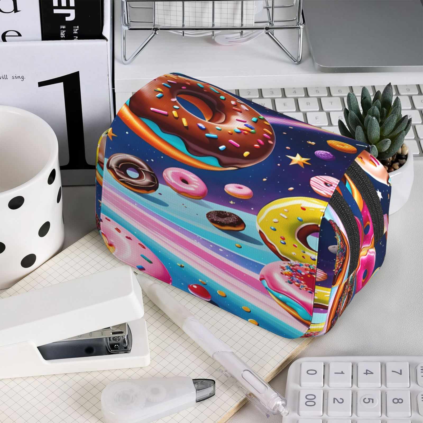 Rateoe Space Colorful Donut Pattern Double Clamshell Pen Case, Storage Organizer with Two Zipper Compartments– Holds Up to 50 Pencils & Pens