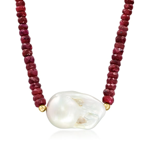 Ross-Simons 24x13mm Cultured Baroque Pearl and 70.00 ct. t.w. Ruby Bead Necklace With 18kt Gold Over Sterling, Women's, Adult
