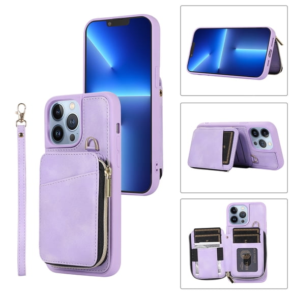 ELEHOLD for iPhone 12 Pro Max 6.7 inch Luxury Zipper Wallet Case with Card Slots Zipper Pocket Kickstand Function Wriststrap Crossbody Shoulder Strap Shockproof Purse Case,Purple