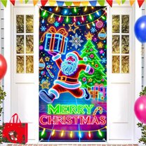 Kumdkd Glow in the Dark Christmas Door Cover, Fluorescent Santa Tree Wall Hanging 180x90cm, Luminous Holiday Decor for Parties, Indoor Outdoor All-Weather Festive Backdrop with Snowflakes Reindeer