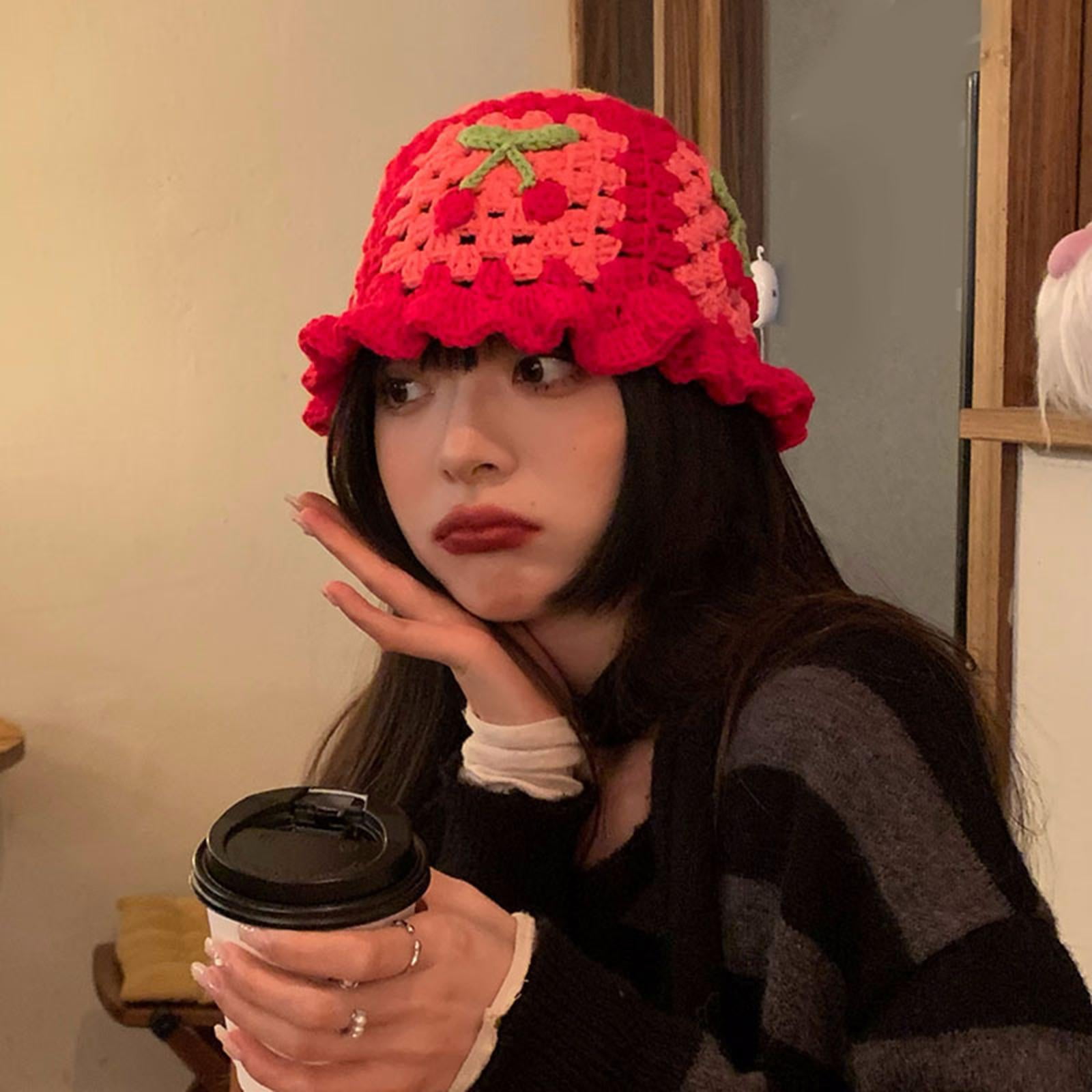 Kawaii Cheery Pattern Crochet Hat, Fashion Breathable Bucket Hat, Fishing Hat for Autumn Winter,Temu