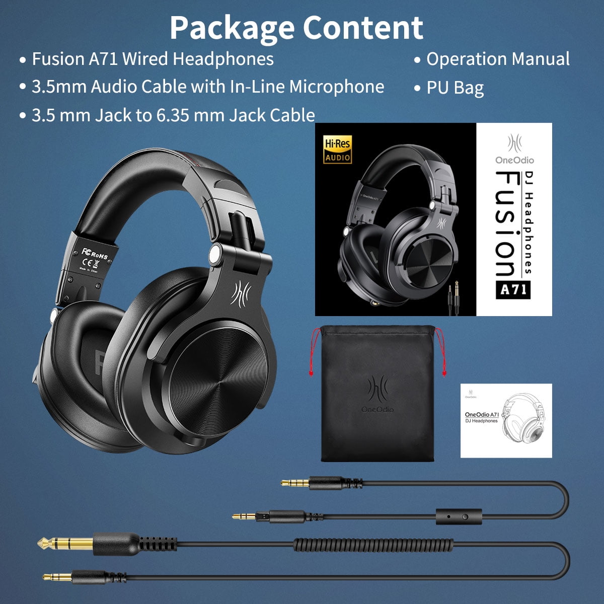 OneOdio Over-Ear Wired Headphones Corded Headphones with Dual Plugs Hi-Res Stereo Sound & Mic Long Cords for Laptop TV Computer-A71 Black