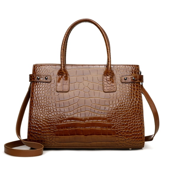 Genuine Cowhide Women Tote Bag, Glossy Crocodile Embossed Top-Handle Crossbody Purse for Work